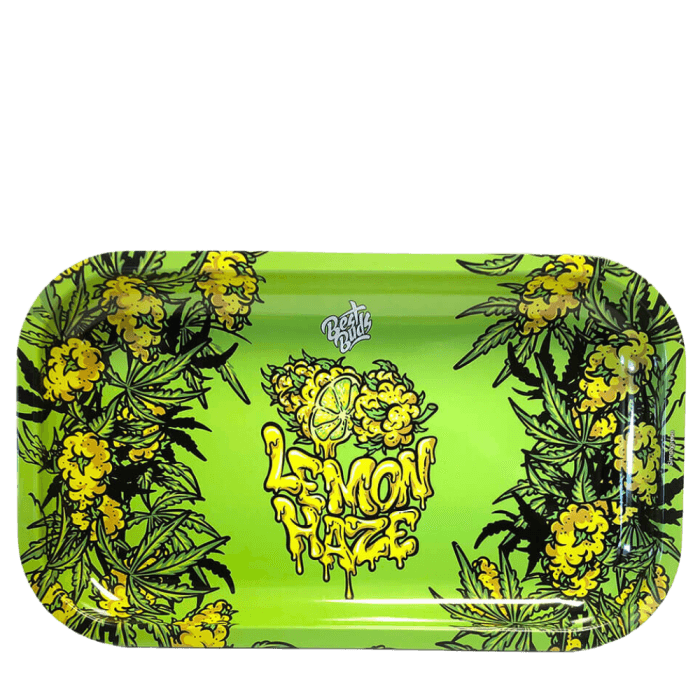 Bandeja metálica Lemon Haze de Alex Blond, combinando funcionalidad y estilo para tus sesiones de fumado.