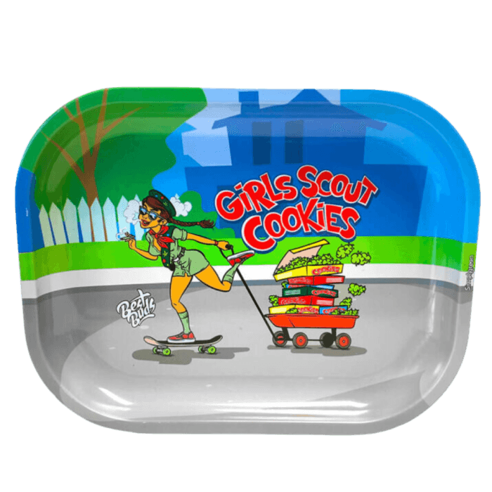 Bandeja de diseño inspirado en Girls Scout Cookies, perfecta para organizar utensilios de cannabis, con acabado de primera calidad y estilo sofisticado para aficionados al fumado.
