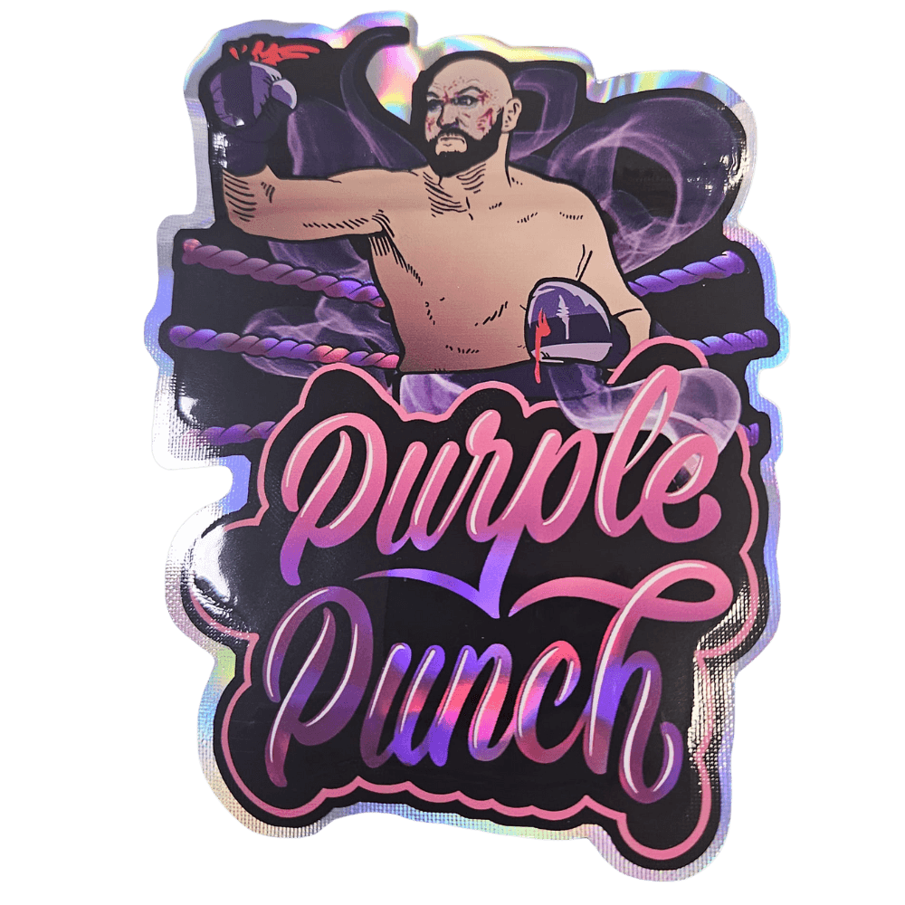 Bolsa antiolor de Purple Punch en pose de boxeo, combinando estilo y funcionalidad para el almacenamiento discreto de cannabis.