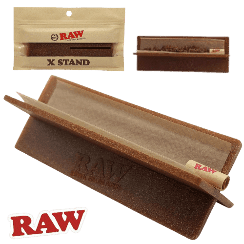 Soporte de rolado RAW X-Stand: diseño sostenible y portátil, ideal para papeles king size, fusiona innovación y compromiso ecológico para fumadores.