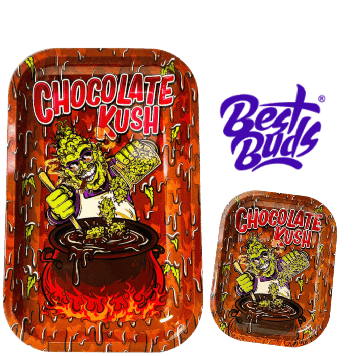 Bandeja Chocolate Kush Best Buds con accesorios de fumador sobre mesa de madera.