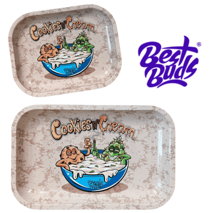Bandeja metálica Cookies Cream Best Buds, amplia y de diseño exclusivo, perfecta para aficionados al liar con estilo.