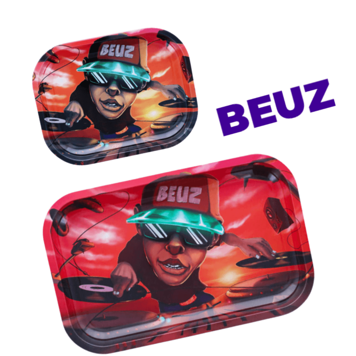 Bandeja de liar DJ Beuz con diseño colorido y temática de DJ.