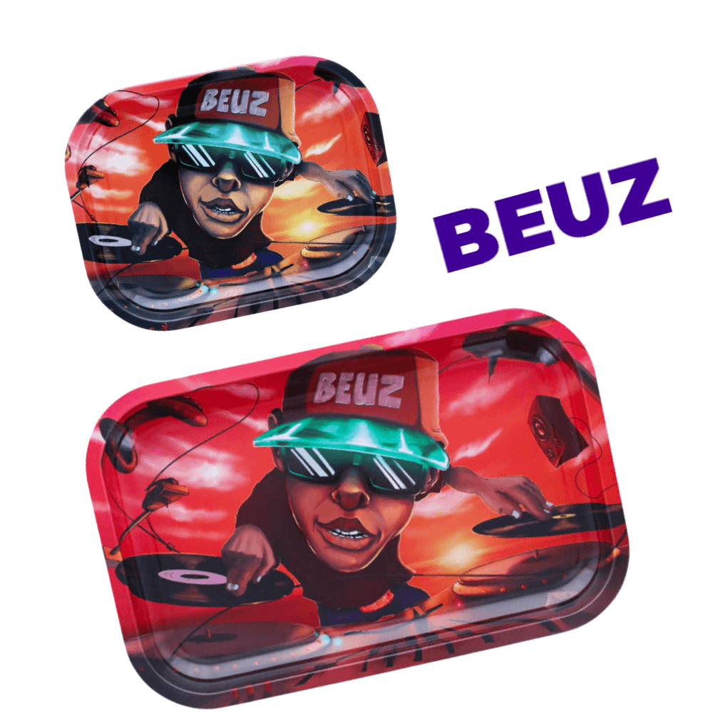 Bandeja de liar DJ Beuz con diseño colorido y temática de DJ.