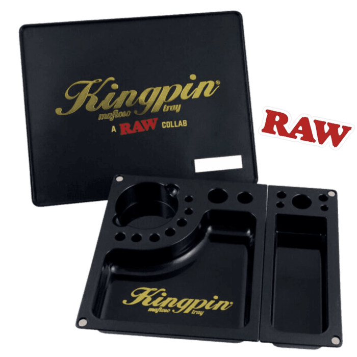 Bandeja Liar Raw Mafioso negra con logo en dorado y compartimentos internos visibles, tapa semiabierta.