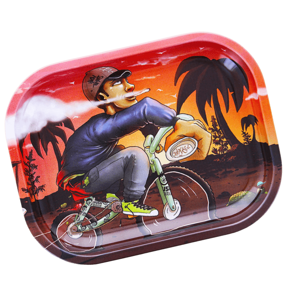 Bandeja metálica Beuz Cycling con diseño de ciclismo, duradera y práctica para fumadores.