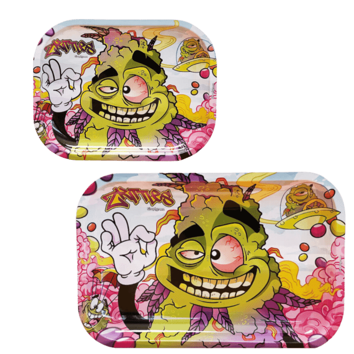 Bandeja metálica Zkittlez con diseño colorido, ideal para aficionados que buscan estilo y practicidad.