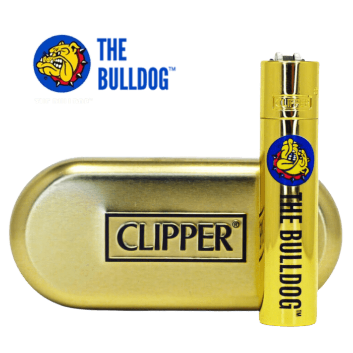 Clipper Metálico The Bulldog Dorado con acabado brillante y logo de autenticidad en primer plano.