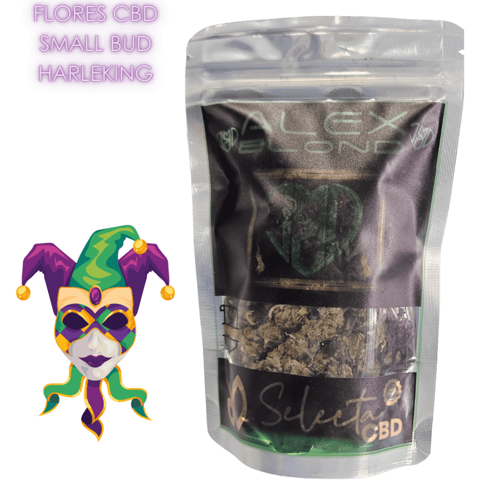 Capullos de CBD Harleking en detalle, resaltando su belleza ornamental y aroma único para coleccionistas, en el interior de una bolsa antiolor termosellada, con un diseño exclusivo para Alex blond.