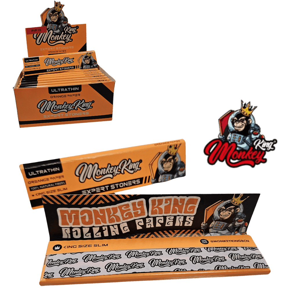 Paquete de Papel Fumar Monkey-King Orange Ultrafino con logo de Monkey King, destacando su color naranja.