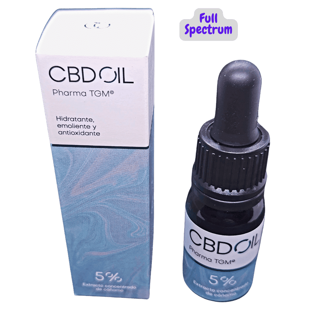 Aceite CBD 5% Tgm de alta calidad en botella de vidrio con gotero, y su envase original ideal para uso diario.