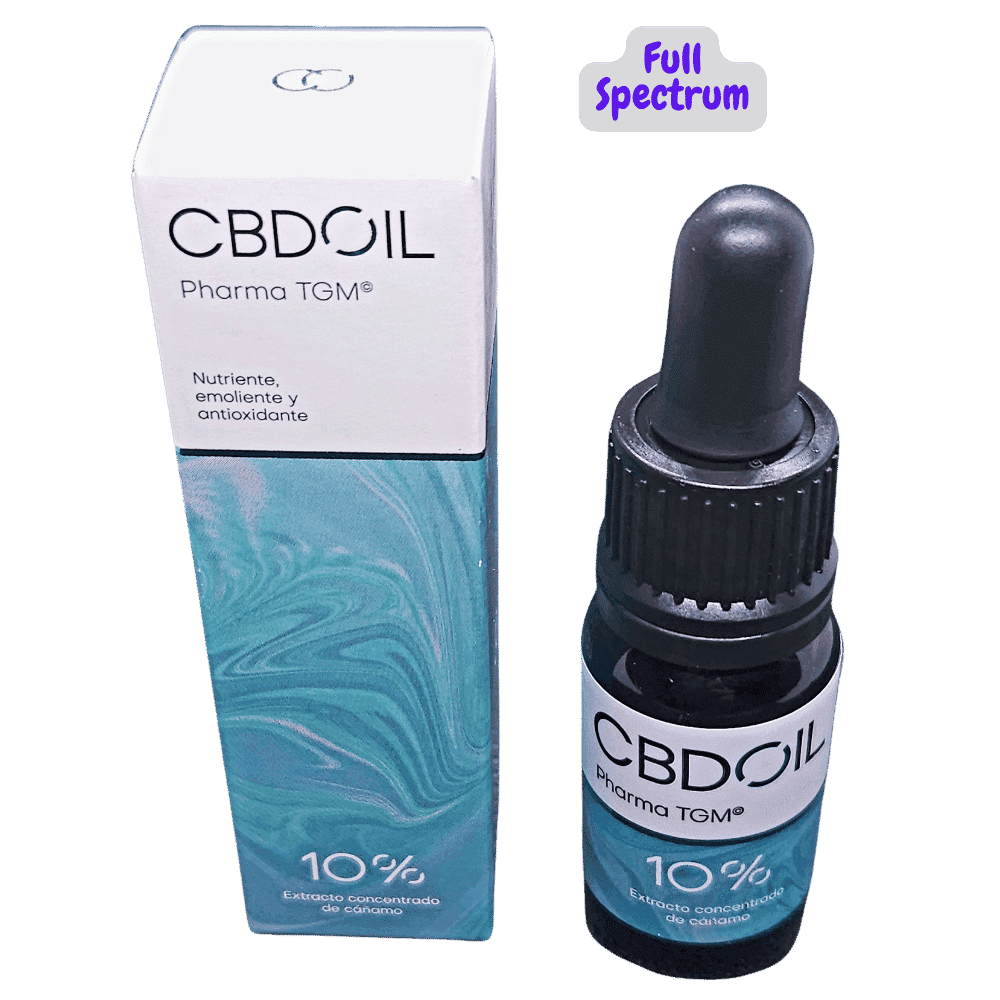 Aceite CBD 10% Tgm Pharma de alta calidad en botella de vidrio con gotero, y su envase original ideal para uso diario.