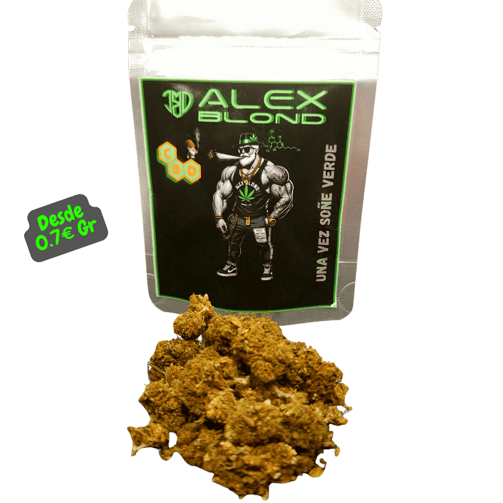 CBD Small Bud Royal Cheese de Alex Blond, pequeñas flores de cáñamo intensas y relajantes., junto a su envase