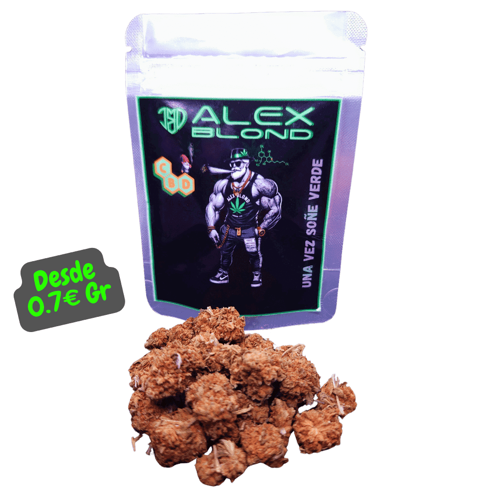 CBD Small Bud DreamBerry y su envase original de Alex Blond en primer plano, resaltando su apariencia y calidad premium.