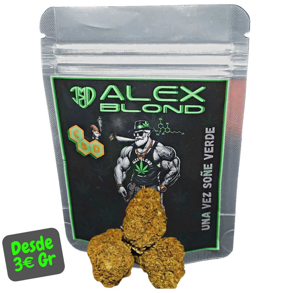 Flores Cbd Caramel Candy junto a su envase original de Alex Blond.