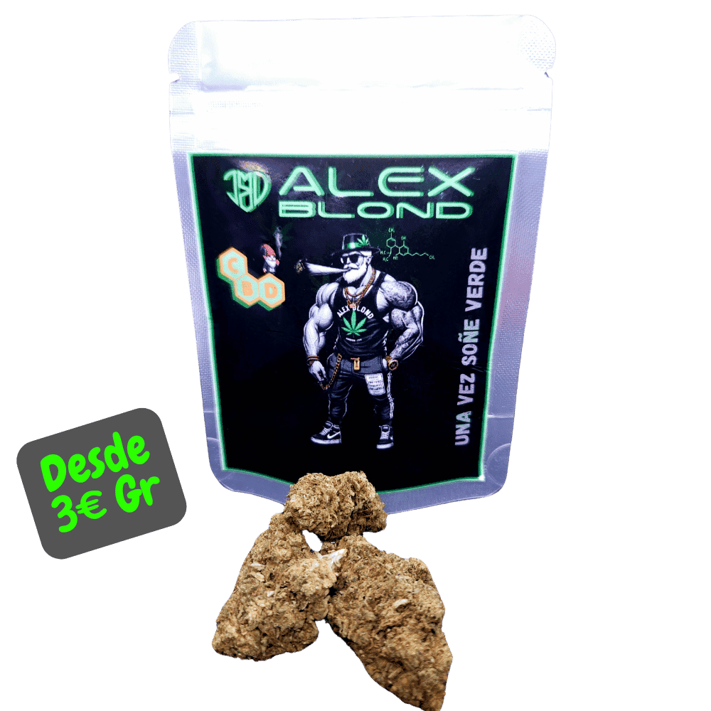 Imagen de las Las Flores Cbd WaterMelon Glass-House junto a su envase original de Alex Blond Cbd, son unas flores compactas y resinosas, con un aroma frutado, dulce, y con predominio a la fruta Sandia.