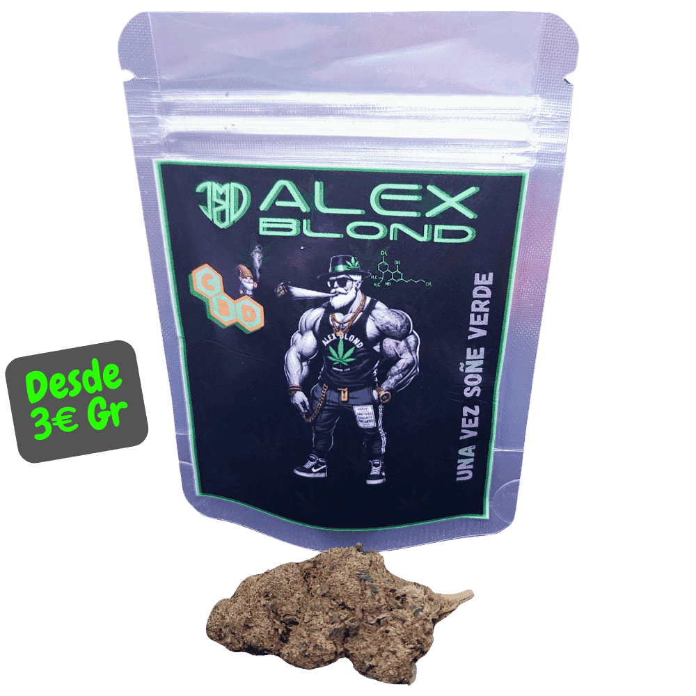 Flores CBD Candy Kush de Alex Blond, flores de cáñamo dulces y afrutadas, junto a su envase de Alex Blond.