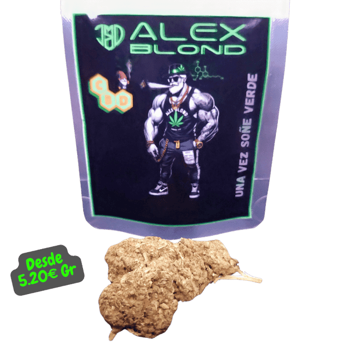 Envase de CBD Alex Blond junto a flores de CBD Bubble Gum. Producto de alta calidad, cultivado de forma orgánica y sostenible.